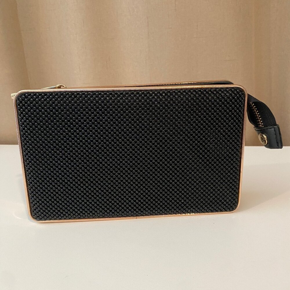 Kate Landry Black Mesh Evening Clutch with Gold Trim – Elegant 8”x5”